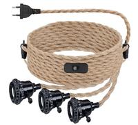 Kit de Lámpara Colgante de Cuerda de Cáñamo, Portalámparas E27 Con Enchufe, Cable Vintage Con Interruptor, 3 Llamas, Estilo Retro para Comedor o Casa