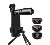 Kit de lentes de cámara para teléfono celular, kit de lente de teléfono 4 en 1, lente teleobjetivo 28x, lente ojo de pez de 180°, lente súper gran angular de 120°, lente macro de 20x con clip