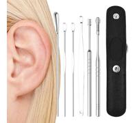 Kit De Limpiador De Cabina De Acero Inoxidable - Herramientas De Quiebre, Set De Cureta De Cera | Herramienta De Cuidado De La Oreja De 6 Piezas Portátil Con Bolsa PU Para Rutina De Limpieza Personal,