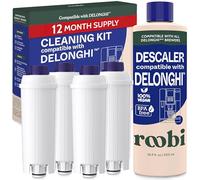Kit de limpieza descalcificador compatible con DeLonghi. Incluye 1 botella de solución descalcificadora y 4 filtros DeLonghi. Kit de descalcificación de carbón neutro DeLonghi. Suministro para 1 año.