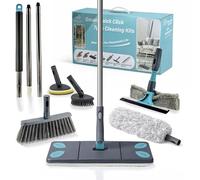 Kit de Limpieza para casa 7 en 1 con Palo Extensible - Escoba, Mopa Microfibra, Plumero Atrapapolvo, Limpiacristales con Rasqueta, Cepillo Baño y Esponja Multiusos, Ventanas, Cocina y Baño.