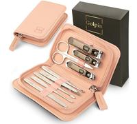 Kit de manicura de 9 piezas para hombres y mujeres, herramientas de acero inoxidable con estuche de viaje rosa, cortaúñas, empujador de cutículas, lima, juego de manicura listo para regalo para