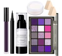 Kit de maquillaje morado para Halloween, set de maquillaje de bruja diablesa y hechicera paleta de sombras de ojos, base de maquillaje blanca, pintalabios delineador polvos fijadores y esponjas