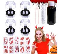 Kit de Maquillaje para Halloween, con Sangre falsa Realista de 30 ml, 4 pares de Colmillos de Vampiro, 10 Cicatrices Tatuajes Temporales Pegatinas,para Teatro Bromas Zombis Vampiros Payasos Monstruos