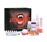 Kit de maquillaje SFX,Set de sangre falsa para Halloween,Tubo Dientes Pellets Adhesivo+Cera para cicatrices+Sangre pegajosa+4 Pares Dientes de Vampiro+Látex Líquido+Piel Cera Aceite de Extensión