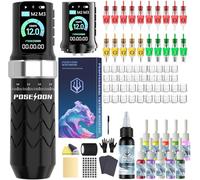 Kit de máquina de tatuaje inalámbrica POSEIDON con 7 ajustes de hub, dos baterías de 2300 mAh, modo normal/punteado y pantalla LED - Dispositivo de tatuaje inalámbrico profesional para principiantes