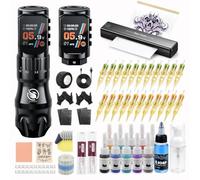 Kit de Máquina Inalámbrica con Impresora Bluetooth y 2pcs 2200mAh Baterías | LIUMATE Juego de máquina Rotativo con 7 Strokes 2.3-4.5mm, 20 Agujas 10 Tintas, Termocopiadora, para Principiantes y Artistas
