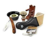 Kit de maquinilla de afeitar para hombres - Profesional Barber Straight Razor para afeitar con Silvertips Badger Brush Bowl, Jabón, Strop de cuero y soporte de cepillo - 6 piezas de madera de afeitar