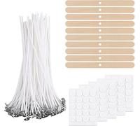 Kit de Mechas para Velas - 200 Mechas de 10 cm Algodón 200 Adhesivos y 20 Soportes de Madera Ideal para DIY en la Fabricación de Velas y Candelabros