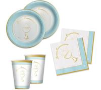 Kit de mesa para primera comunión, color azul y rosa, decoración de mesa, 8 platos, 8 vasos y 20 servilletas (azul claro)