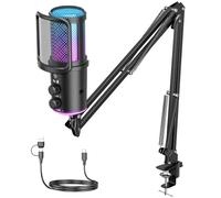 Kit de micrófono USB para juegos con brazo de brazo, micrófono condensador RGB con cancelación de ruido, ajuste de reverberación de botón de silencio, monitoreo para transmisión, podcasting, discord