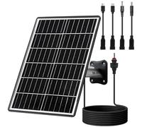 Kit de panel solar de 15 W con batería integrada de 16000 mAh. Voltaje: 5 V/6 V/9 V/12 V. Corriente: 1,5 A. Cuenta con puertos USB-C, Micro-USB y CC de 2,1/1,7/1,35 mm. Compatible con todas las