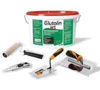 Kit de pegamento Glutolin Hs 1 x 8 kg pegamento para Depron adhesivo para paneles aislantes Depron + 1 llana dentada, 1 paleta de punta cuadrada, 1 rodillo afeitado 20 cm, 1 cortador 18 mm de metal