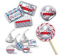 Kit de pegatinas para fiesta de barbacoa rojo, blanco y azul, 429 piezas. Incluye 60 pegatinas circulares de 2 pulgadas para recuerdos y bolsas de golosinas, 45 mini envoltorios de barra de caramelo y