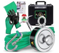 Kit de pesca con imán de doble cara con estuche - imán fuerte para pesca de 907 kg imán de neodimio para uso pesado | Incluye una cuerda duradera de 60 pies y mosquetón, guantes y estuche