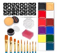 Kit de pintura facial 20 piezas corporal con 12 colores vibrantes Plantillas Pinceles Esponja Cera para cicatrices - Paleta maquillaje espátula terminada sangre y costra falsa piel sensible Fiesta tem