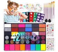 Kit de Pintura Facial 42 Colores, Pintura Cara Niños y Pintura Corporal con Plantillas, Pinceles y Pegatinas, Pintacaras Infantil Seguras y Lavables para Carnaval, Halloween y Fiestas