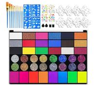 Kit de pintura facial, paleta de pintura facial lavable de 42 colores con 11 pinceles, 8 plantillas reutilizables, 4 plantillas adhesivas, 4 pegatinas de gemas, kit profesional de pintura corporal