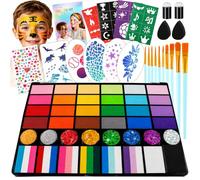 Kit de pintura facial para niños, 52 colores, kit de maquillaje profesional de pintura facial no tóxica, paleta de pintura facial activada por agua, purpurina, pinceles, esponjas, plantillas para