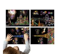 Kit De Pintura Para Rascar De 4 Hojas |Set Escena Nocturna De La Ciudad - Documento De Arquitectura De Fama Mundial | Juego De Grabados Para Adultos Y Niños, Regalo Creati