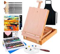 Kit de Pintura,Set de pintura con 44 piezas,Caballetes para Mesa,con 24 Colores Tubos de Pintura Acrilica, 12 Pinceles,Espátula,Delantales,Paleta y 3 Lienzo,para Pintar para Profis y A ficionados