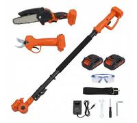 Kit de Poda a Batería con Motosierra, Tijeras Eléctricas y Pértiga Telescópica de 263cm, Incluye 2 Baterías, Cargador y Gafas, para Poda en Altura