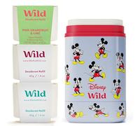 Kit de primer desodorante Wild natural recargable colaboración con Disney | Viene carcasa de Mickey Mouse de edición limitada con aromas Pink Grapefruit, Fresh Cotton & Sea Salt y Coconut & Vanilla