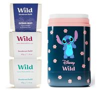 Kit de primer desodorante Wild natural recargable colaboración con Disney | Viene carcasa de Stitch de Disney de edición limitada con aromas Ocean Mist, Fresh Cotton & Sea Salt y Coconut & Vanilla