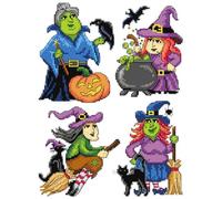 Kit de punto de cruz en lienzo de plástico con brujas de Halloween. 4 adornos fascinantes de diferentes dimensiones 160 CS. Ideal para aficionados al arte y las manualidades