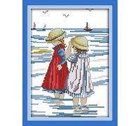 Kit de punto de cruz estampado, OWN4B Sisters on The Beach estampado patrón 11CT 9.4 x 13.8 pulgadas Kit de bordado para manualidades (hermanas)