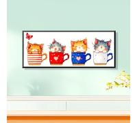 Kit de Punto de Cruz Gato en Taza - 14.6x6.7" Preimpreso Fácil de , Set Completo de Bordado para Principiantes con Hilos y Agujas, 11CT, Serie Completa, Manualidades para Niñas, Tema de Gato Doméstico
