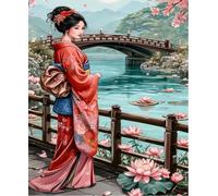 Kit de punto de cruz impreso,kit de inicio de bordado de 11 ct, de bordado para principiantes para adultos, diseño de punto de cruz, patrón de bordado impreso,Loto, mujer con kimono 11CT40x50cm