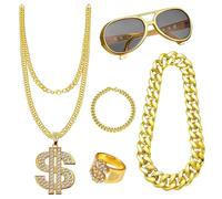 Kit de rapero retro para chicos: bling dorado, tonos de , joyería de señal de dinero, accesorio de estilo callejero | Equipo de fiesta de la vieja escuela para fiestas de baile de década, festival