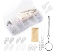 Kit de reparación de gafas, 25 pares de almohadillas nasales para gafas, incluye 40 tornillos para gafas n.º 5, 1 par de ganchos para las orejas, paño de espejo, destornillador clase B, pinzas