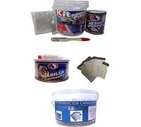 Kit De Reparacion Resina De Poliester Mas Fibra De Vidrio 1Kg Cubo + Masilla para carroceria sin fibra 1 Kg + Cubo + Juego espatula inoxidable