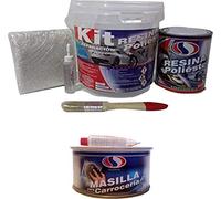 Kit De Reparacion Resina De Poliester Mas Fibra De Vidrio 1Kg Cubo + Masilla para carroceria sin fibra 1 Kg