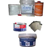 Kit de Resina de Poliéster Quimibase + Fibra De Vidrio (Mas macrepair masilla universal 2kg + Cubo + Juego espatula carrocero inoxidable)
