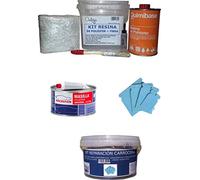 Kit de Resina de Poliéster Quimibase + Fibra De Vidrio (Mas macrepair masilla universal 2kg + Cubo + Juego espatula carrocero Plastico)