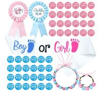 Kit de Revelación de Género 53Pcs, Decoración Baby Shower, Insignias y Pegatinas de Equipo Chico y Equipo Chica, Decoración para Baby Shower con Cinturón, Juegos de Revelación de Género