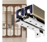 Kit de riel para puerta corredera para puertas de armario dobles, herrajes de derivación resistentes con guía de suelo y rodillos, montaje en techo, fácil instalación, 17 pies