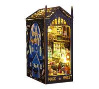 Kit de rincón de libros DIY - Kit de casa de muñecas en miniatura con muebles y luz LED, rompecabezas 3D de madera, sujetalibros, kits de modelo para adultos para construir (Bazar mágico)
