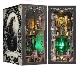 Kit de rincón de libros para adultos, casa en miniatura con luces LED, decoración de estantería de madera y cubierta antipolvo para decoración del hogar de Halloween y regalo espeluznante, tarot