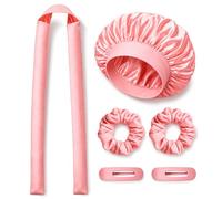 Kit de Rizadores de Pelo sin Calor con Gorro de Satén, Cinta para rizar, Coleteros y Pinzas, Bigudíes para Ondas Naturales Durante la Noche, Rosa Claro