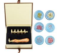 Kit de sellos de cera, ANBOSE Set de sellos de cera con 6 cabezas de latón removibles y 1 mango de madera, sello de cera girasol tres flores loto para tarjetas invitaciones