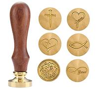 Kit de sellos de cera cristiana con 6 cabezas de latón + mango y caja de regalo - Cruz, pez de Jesús, fe esperanza amor - Símbolos religiosos para sobres, cartas, diario bíblico (6 sellos de cera y 1
