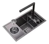 Kit de sistema de fregadero comercial, fregadero empotrado con tapa, grifo extraíble/emergente, fregadero de bar, fregadero de caravana, ahorro de espacio, con soporte de vidrio. (55 x 32 x 23 cm)