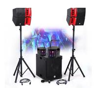 Kit de sonido completo de 1200 W BM Bmsonic, sala de fiestas, 2 altavoces, SUB 38 cm USB/Bluetooth, soportes cables, luz LED