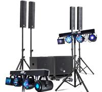 Kit de sonido completo de 2400 W DJ BM Bmsonic, 4 altavoces satélites, 2 x MEGA SUB 38 cm USB/Bluetooth, cables, micrófonos, 2 pórticos de luz