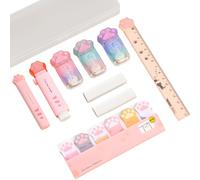 Kit de suministros para oficina escolar con diseño de pata de gato kawaii, accesorios de escritura, regla, cortador de cajas, resaltadores de diseño de huellas de patas, juego de papelería de 10
