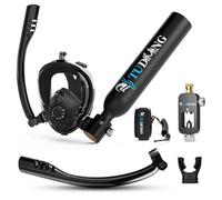 Kit de Tanque de Buceo TUDIVING de 0.5L, Mini Cilindro de oxígeno con máscara de Snorkel Facial Completa, Tanque pulmonar portátil con compresor de Aire (S200Plus Black-A2)